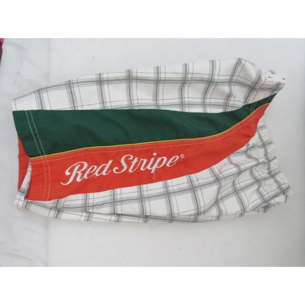 Red Stripe Board Swim Shorts Mens Size M 32-3436 White Orange Trunks Plaid